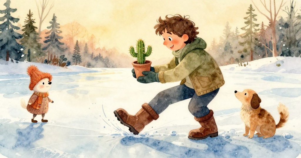 Joel手中水壺滴出清透水珠,在冰面上形成光亮細帶,細節突出環境變化與內心關切。