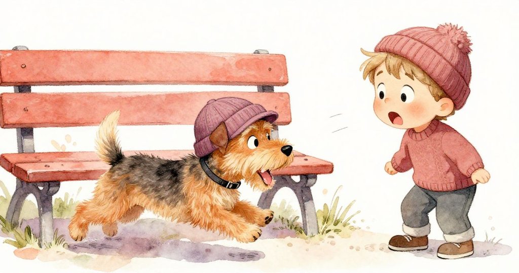 小狗從長椅後疾奔而出叼走Harris毛帽,Harris神情驚訝奔向邊石,場景充滿突發活力與轉折感。