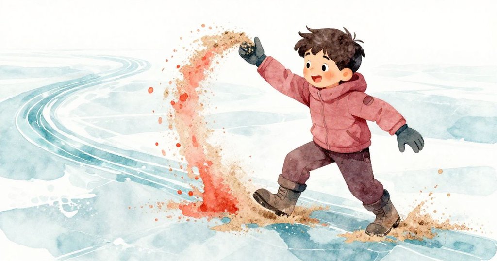 Joel急忙撒出沙粒阻止滑動,砂粒點綴冰面上水流細帶,場景展現緊張與果敢應變的瞬間。