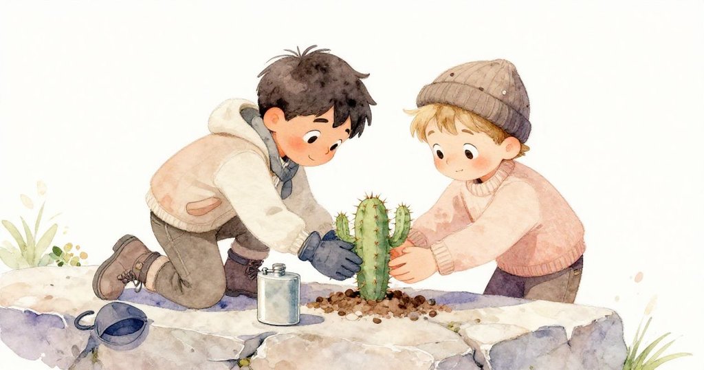 Joel與Harris齊心將仙人掌小心放置於陽光石欄上,彼此微笑交換協作,溫暖結局彰顯冒險後的平和心情。