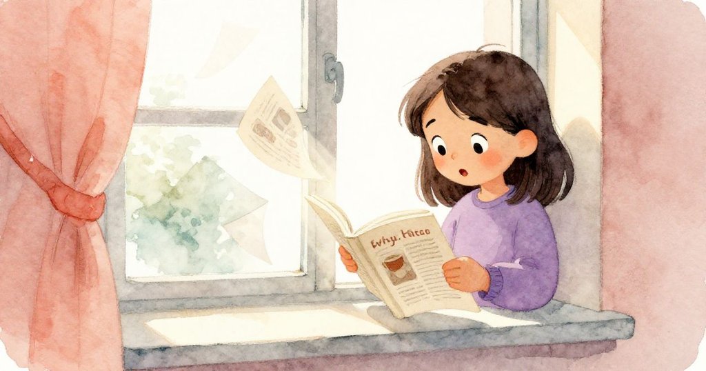 菲坐在窗邊專注翻閱雜誌，貼紙卡上映出流動日光，細膩呈現故事初展溫馨居家情調。