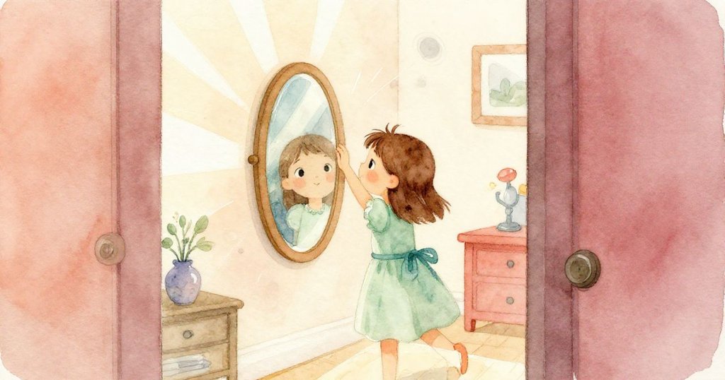 從半敞開的門縫中窺見梅專注調整鏡面，陽光透入牆上映出飄散灰塵，營造出隱秘而生動的室內景象。