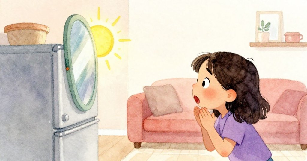 菲驚訝地注視著鏡面滑動，亮光不定地在金屬器具上奔馳，動態捕捉室內意外瞬間的活力與變化。