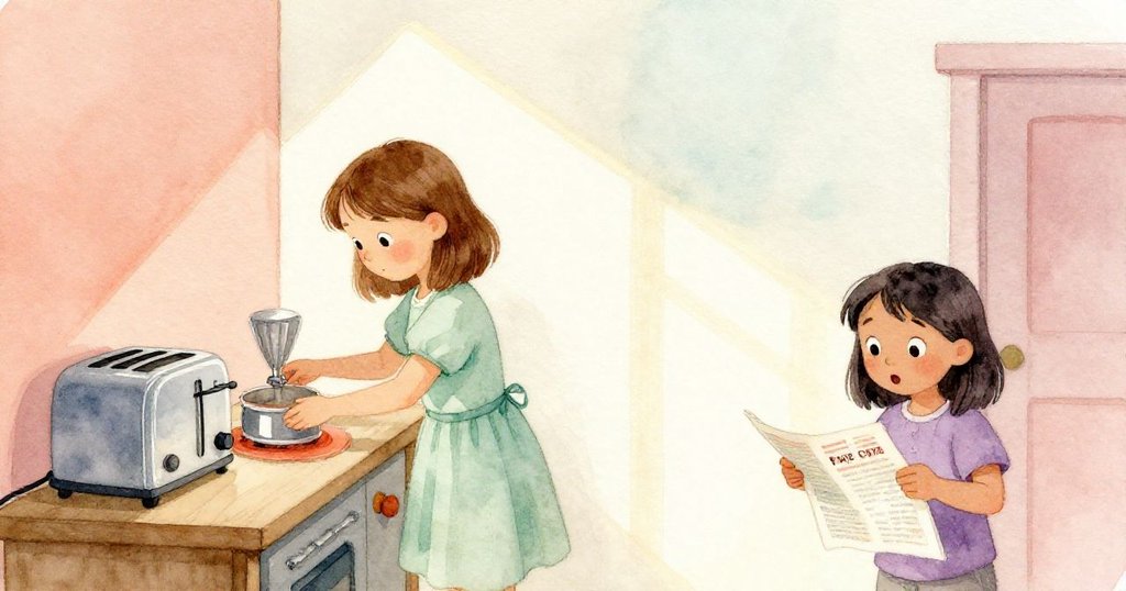 梅輕推滑動的食譜書調整桌面，菲靜摺雜誌，陽光最終穩定照射牆面，展現室內恢復平靜溫馨的結局。