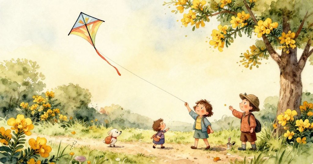 Viola的手專注地將棉布條系在風箏尾上，背景藍天朦朧，手部細節突出，充滿溫暖動作與創作情感。