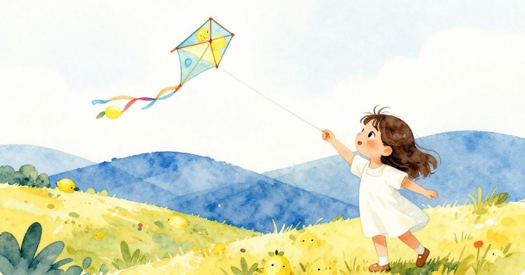 Viola注視著裝飾有卡通檸檬和絲帶的風箏上升，前景與背景層次分明，丘陵與藍天交織出活潑自然景致。