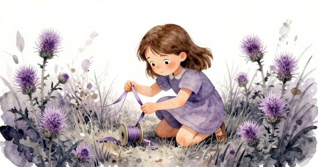 Viola在叢生的薊花叢中蹲下解開纏繞的捲線，神情專注果斷，丟棄冒煙絲帶，草地細節豐富。