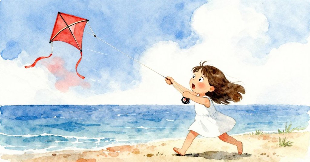 Viola驚訝急促拉扯風箏捲線，風吹掀起風箏橫翻，緊張氛圍中展現堅毅與動感瞬間。