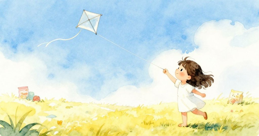 Viola滿臉喜悅觀看風箏展翅高飛，藍天清澈，背景傳來Blake零食袋微響，預示冒險將繼續展開。