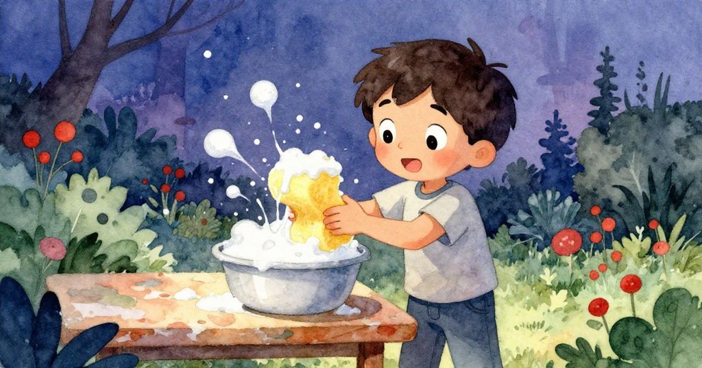 瑞斯在自家庭院中動作活潑，將黃色海綿刺入水盆，周圍桌面與花園透出神秘溫馨情緒，展現故事開端。