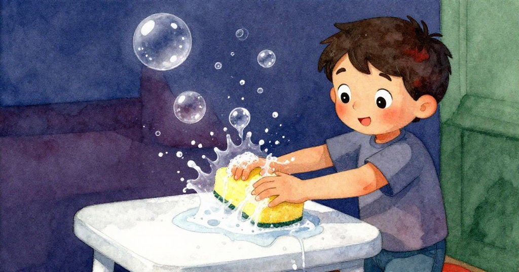 瑞斯專注擠壓海綿，濕潤泡沫與乾燥桌面形成鮮明對比，展現動作與細節變化，情緒堅定。