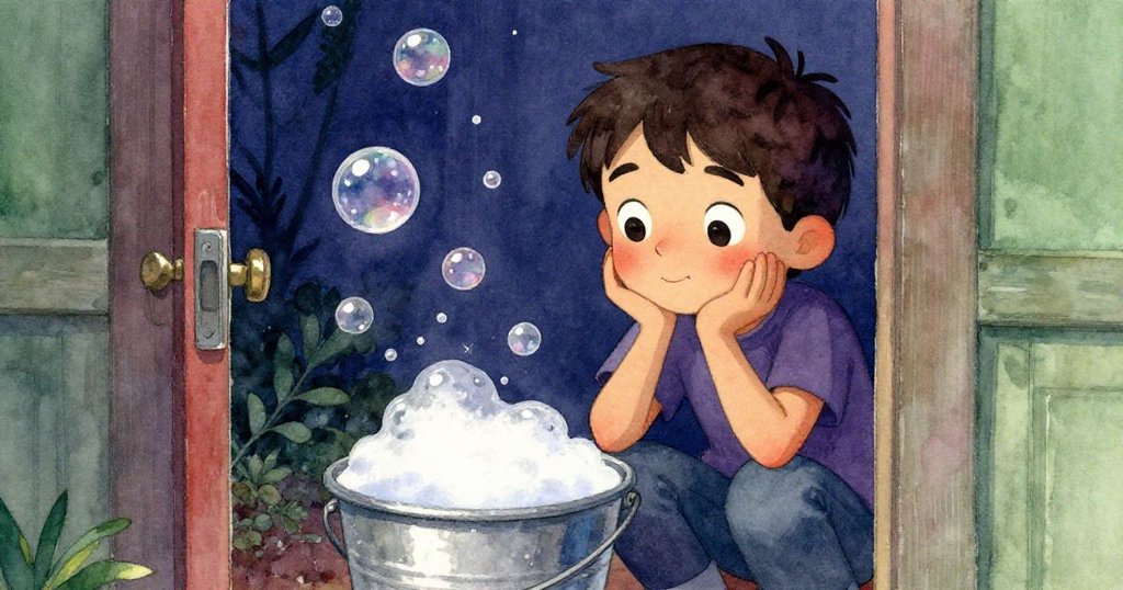 瑞斯透過微敞門縫凝視冒泡的洗滌桶，神情專注兼具好奇與沉思，展開故事發展新章節。