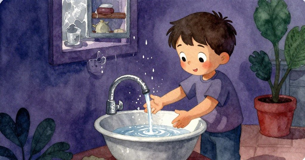 瑞斯凝視水盆回憶起初時氣泡低語，畫面融入懷舊深紫與銀光，情感流露出溫柔與沉思。