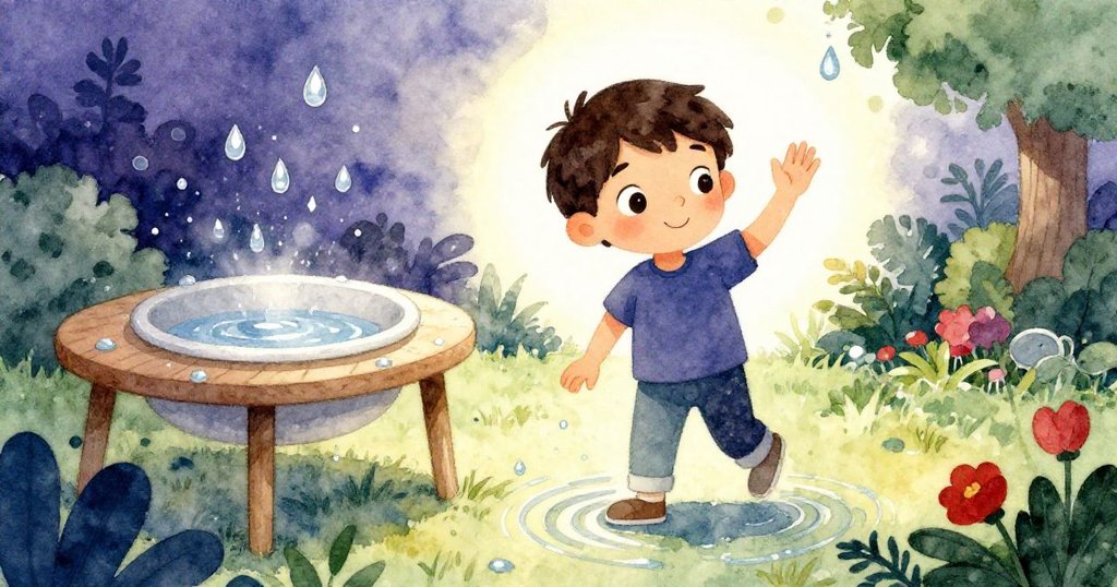 瑞斯完成清潔後微笑揮手告別閃爍水珠桌面，環境散發溫馨光芒，情緒逐漸轉向平和與滿足。