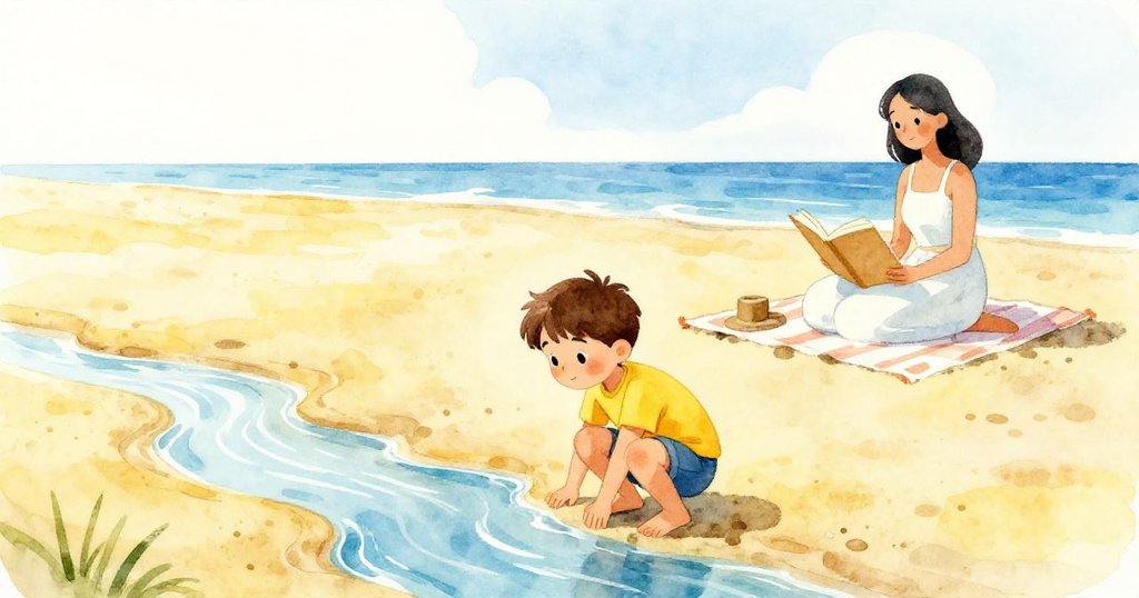 Vernon在陽光明媚的海灘上蹲著觸碰發光水渠，媽媽遠處的毛毯上安靜閱讀，整體場景充滿愉悅與探索感。
