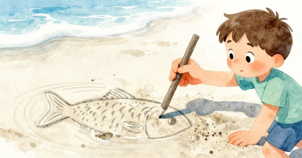 Vernon專注地用灰色小棍在濕沙上畫出魚形，細膩紋理與水波交織，展現創作時的認真與溫暖感。
