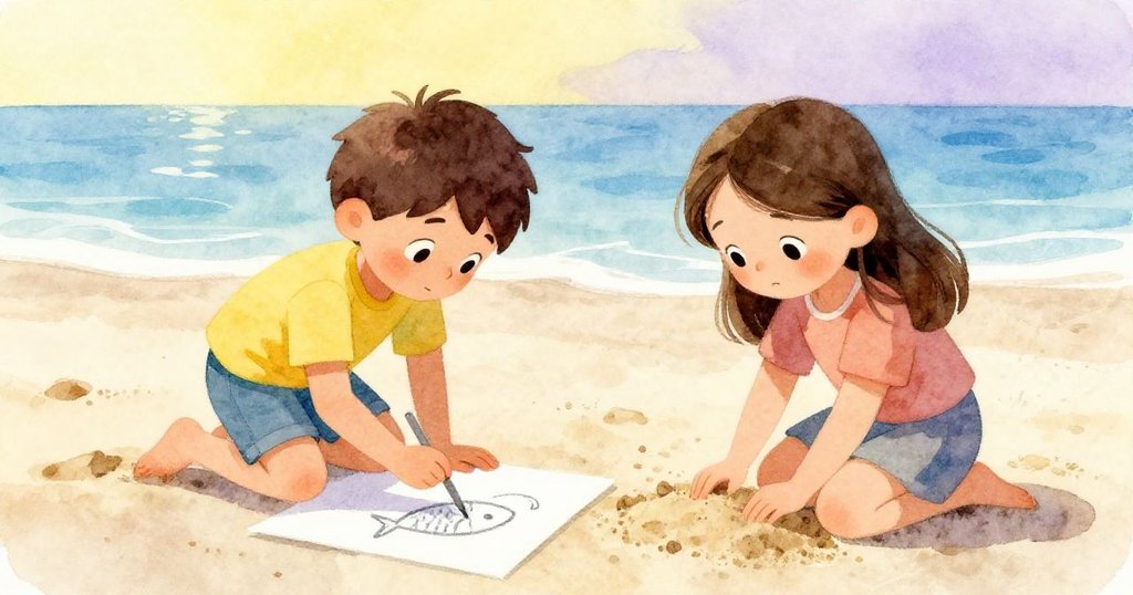 Vernon與Clara在沙灘上共同創作魚畫，Vernon持棒勾勒線條，Clara輕撥鬆沙，場景層次分明呈現合作與專注。