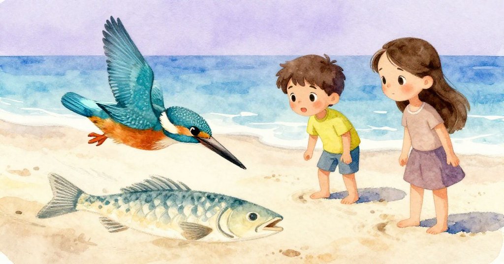 在柔和藍綠和淡紫色調映襯下，翠鳥掠過未修復的魚畫，孩子們靜觀著海邊創作的變幻，令人回味無窮。