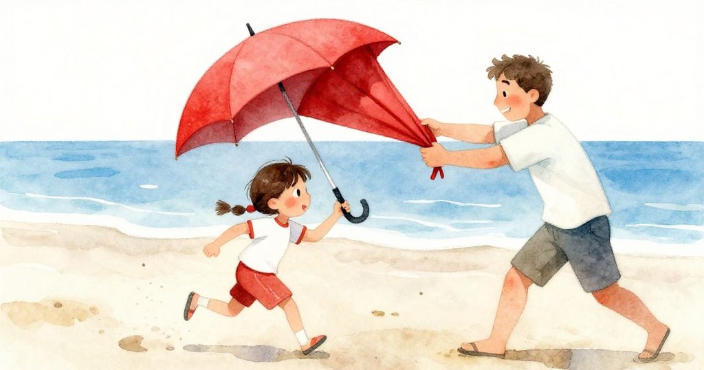 Vernon與Clara急步奔向爸爸，協助折疊被風吹動的陽傘，乾沙背景與明亮光影中流露出緊張而團結的情感。