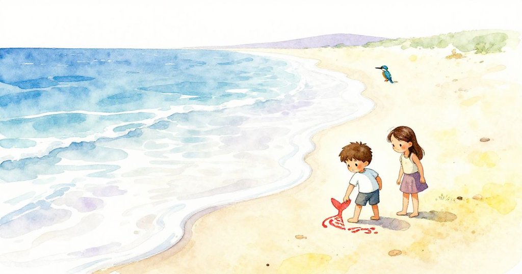 在廣闊海灘上，Vernon與Clara細心重繪魚尾，修補缺口形成波浪般曲線，翠鳥靜觀著孩子們與大自然的和諧創作。