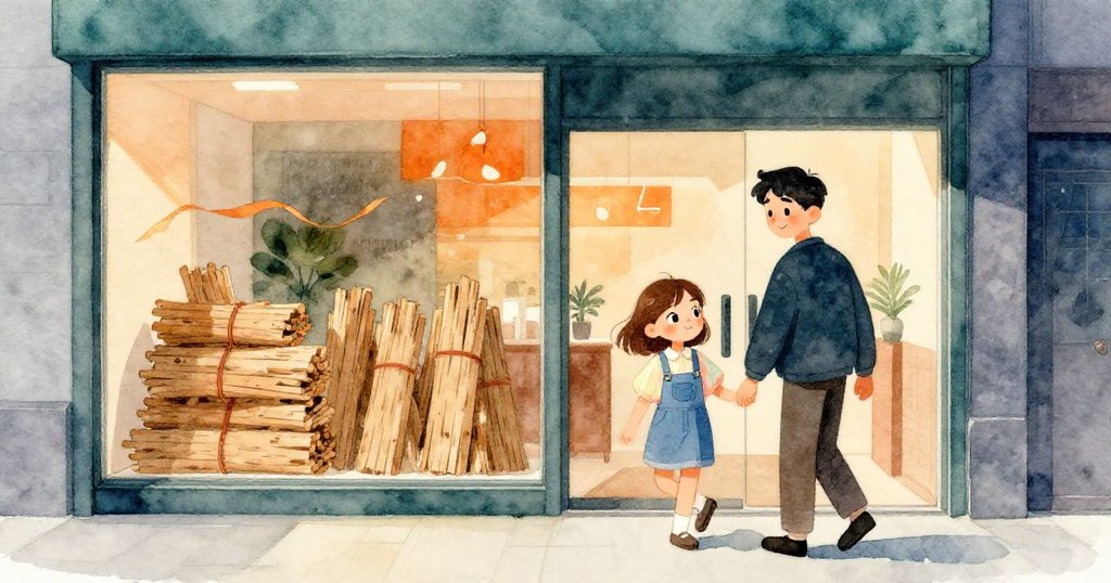 戴娜與沃恩走向現代商店入口，外面排列整齊的杉木捆與飄揚的絲帶營造溫暖氛圍，二人滿懷期待。