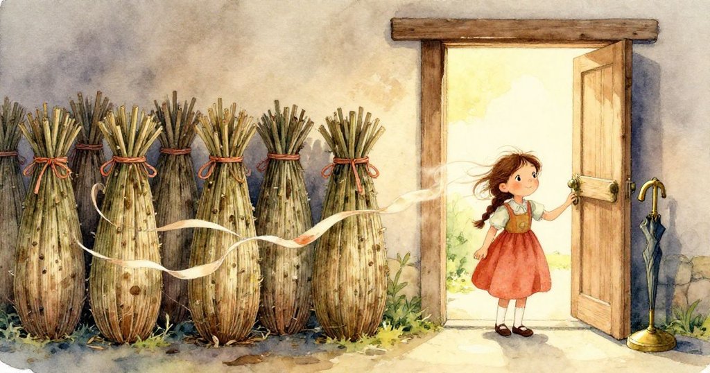 戴娜輕觸杉木束的粗糙木紋與隨風飄動的絲帶，細節豐富展現商店入口的溫馨質感。