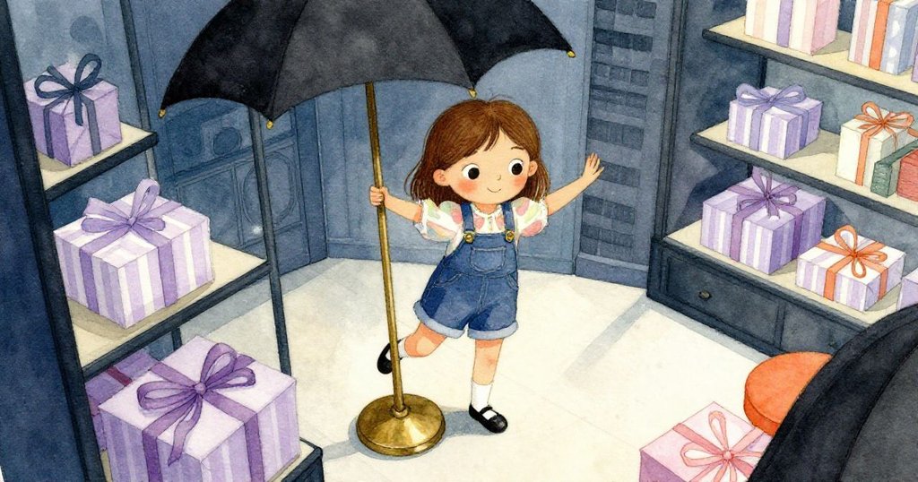 從高角度看見戴娜在店內小心避開銅製雨傘架，踮腳查看兩個帶淡紫條紋的禮盒，動作中透露出專注與謹慎。