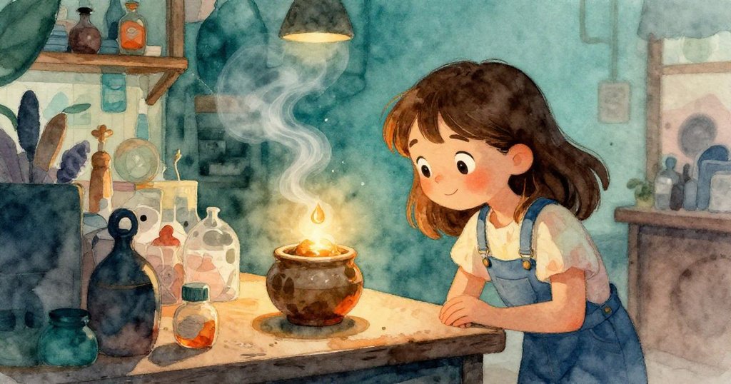 在包裝櫃台前，戴娜俯身捕捉微妙香氣，隨著煙霧飄散與樹脂滴發出幽光，營造出神秘而溫暖的室內氛圍。