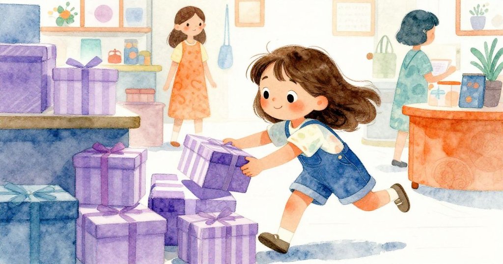 因新人推門而引起的短暫混亂中，戴娜踮腳迅速整理錯亂的禮盒，臉上流露出緊張與專注，展現出街頭現代商店的活力。