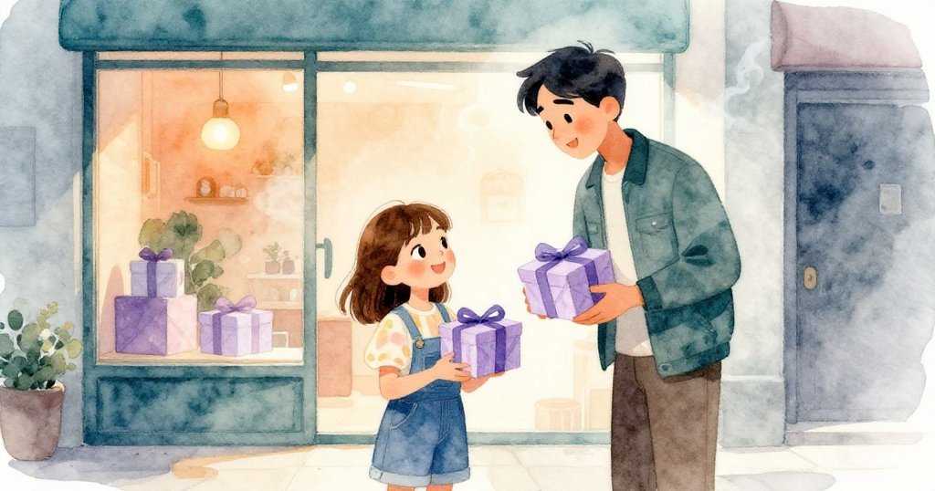 走出店外後，戴娜與沃恩愉悅對視，各自握著不同深淺的紫色禮盒，背景隱約飄著店內餘煙，氛圍平靜溫馨。