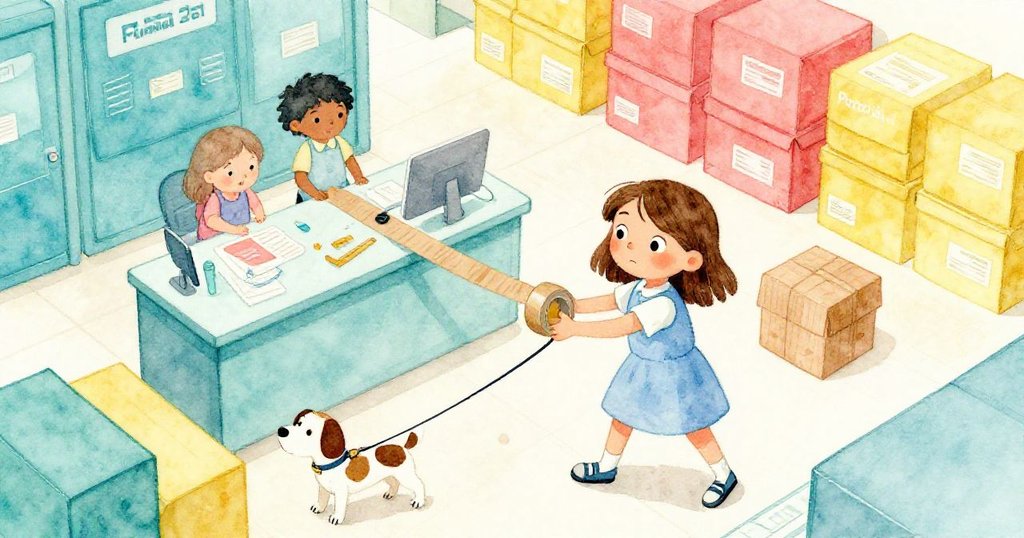 瑪戈正在繁忙郵局中拉扯棕色包裝膠帶，旁邊小狗驚嚇反應，紙張散落，環境溫暖充滿動感。