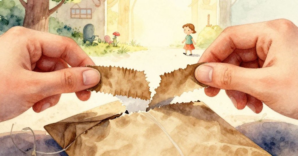 瑪戈的手仔細捏住棕色包裝膠帶，膠帶剝離呈現粗糙邊緣，包裹置於溫暖郵局桌上。