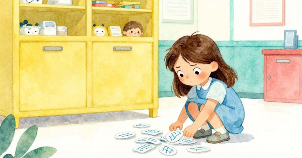 從瑪戈身後視角看，她蹲下收拾散落的報關表，藍色導線清晰，環境中洋溢著專注的動作。