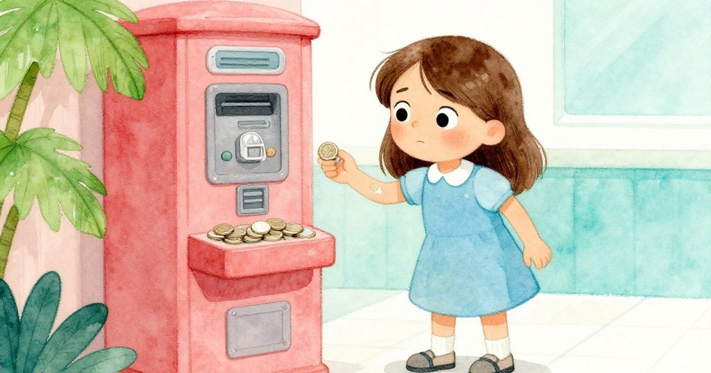 瑪戈在換錢機旁收集閃光的銅板，溫暖燈光映照她臉上愉悅笑容，展示小小勝利。