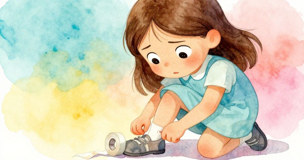 瑪戈面露堅定神情，專注地調整從鞋旁滾落的膠帶，細緻特寫展現決心與困境。