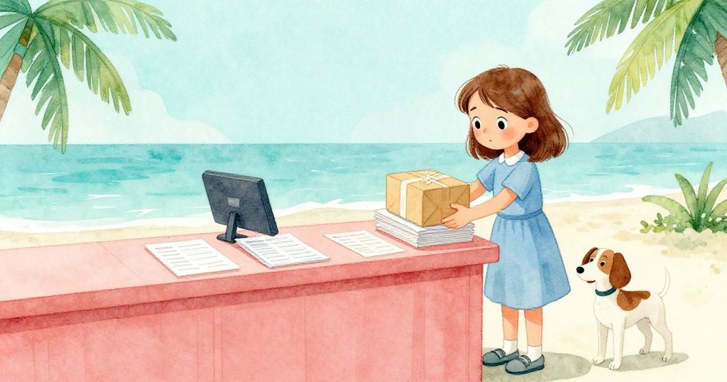 瑪戈安靜地將封好的包裹放在整齊表單上，小狗安睡旁邊，郵局場面從混亂轉向平和完結。