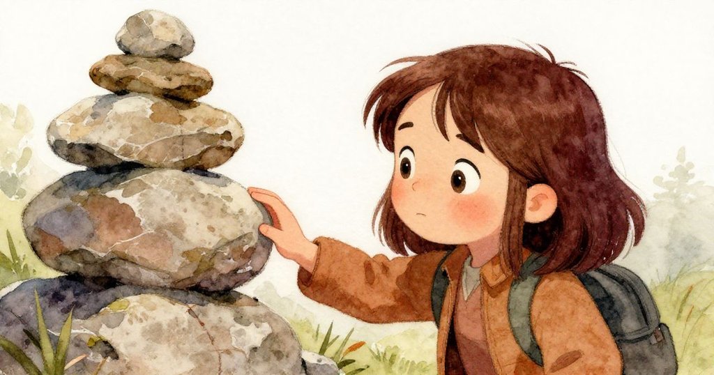 Hazel凝視著石堆上光滑的痕跡，輕輕觸摸，臉上帶著驚奇和柔和的情緒，背景呈現石頭紋理與溫暖色彩。