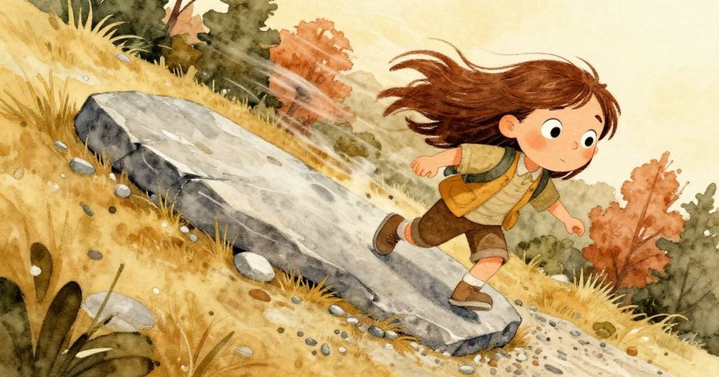 灰色石板在風中滑落，Hazel近旁注視，斜坡碎石舞動，景象因風勢而變得模糊動感，流露驚訝神色。