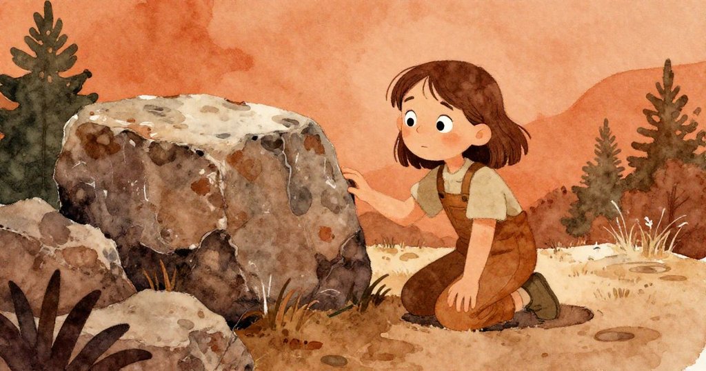 Hazel蹲下輕撫風化石塊，抹去附著小塵土，專注解救石頭，周圍為包裹岩石與自然質感的陡坡。