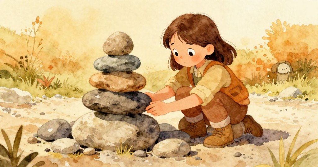 Hazel專注地排列石頭，輕放最薄一片於石堆頂端，背景碎石路與溫暖光影映襯出她細膩動作。