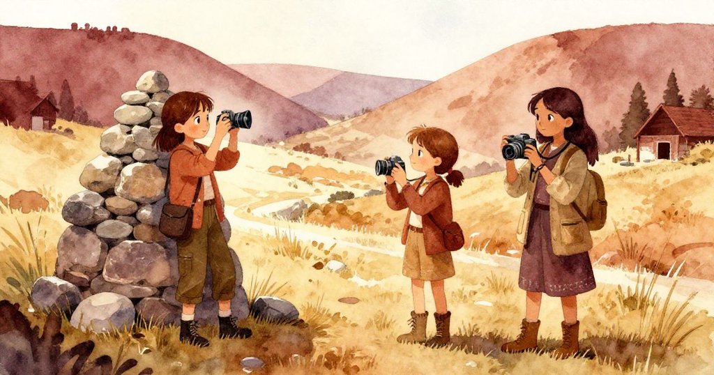 Hazel與Greta在山谷中會合，Hazel注視穩固石堆，Greta拍攝景象，場景寧靜溫暖，充滿滿足與和諧情感。