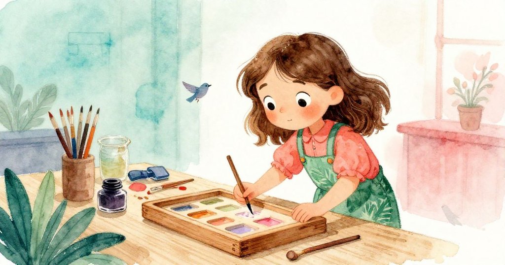 凱拉在手工工作室中探查油墨盤,觸碰木質紋理,充滿好奇與溫馨氛圍,背景有柔和鳥鳴。