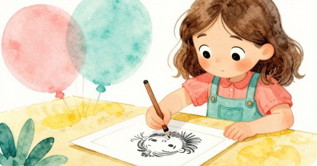 凱拉輕觸油墨盤上的矩形痕跡,展現細膩觸感與創意魔力,背景柔和光暈映襯工坊溫暖氛圍。