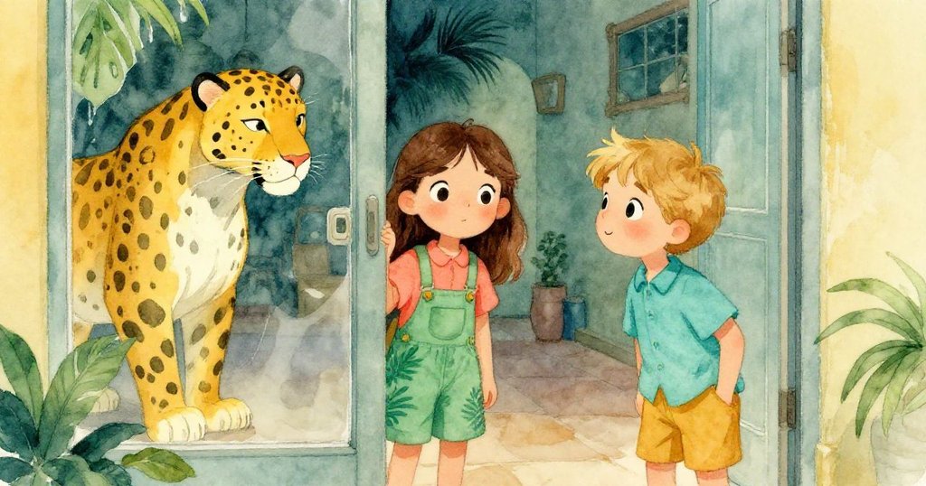 凱拉與阿奇透過半開玻璃門窺視掛著的黑豹,兩人流露出好奇目光,背景低沈鳥鳴與工坊細節。