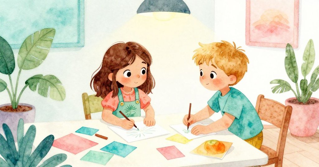 從高處俯瞰工坊角落,凱拉與阿奇忙碌排列紙方塊,背景燈光柔和呈現溫暖創意氛圍。