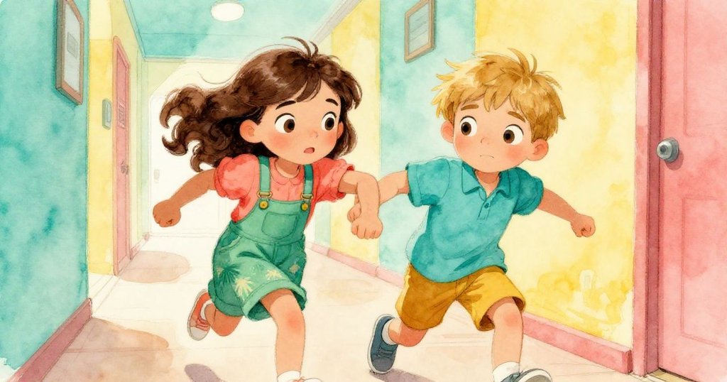 阿奇輕觸凱拉的手肘,兩人急速奔向樓梯,走廊木質光亮,表情充滿急迫與興奮。