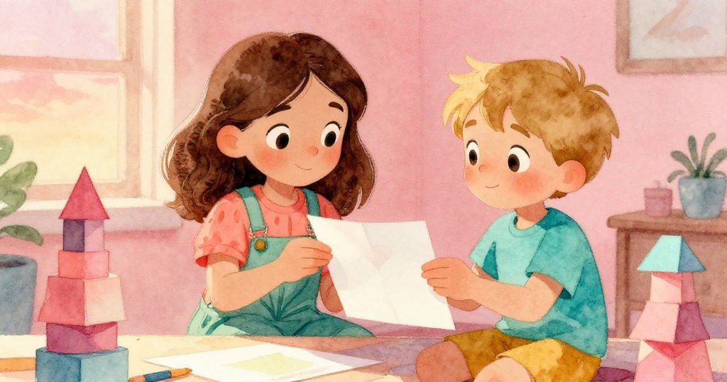 凱拉與阿奇在工坊角落,驕傲呈現摺疊小冊與整潔印作,溫暖光線下紙塔疊起創意結局。