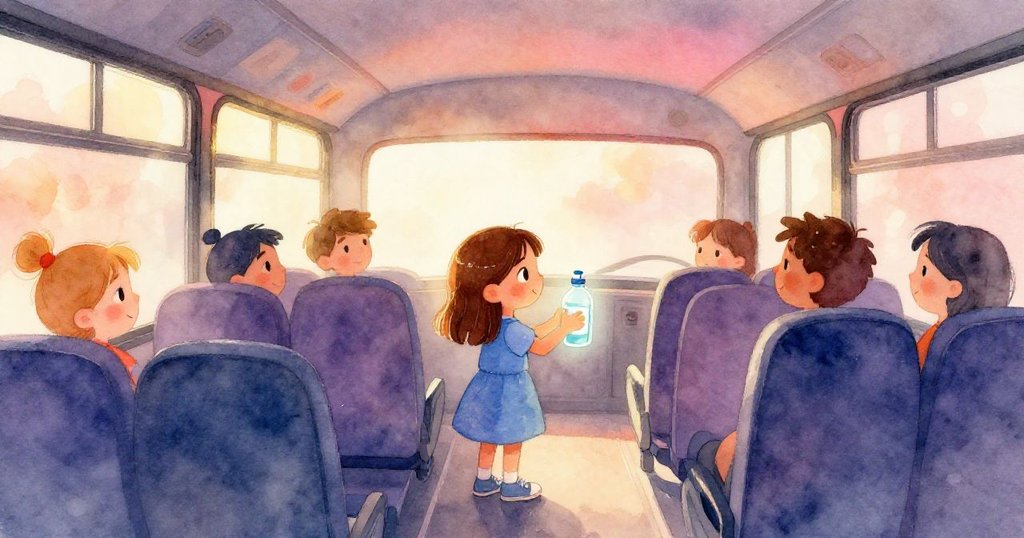 雅拉在晨霧中的巴士上，專注地查看發光的水瓶計量器，溫暖光線映照內飾，故事開始展現旅程。