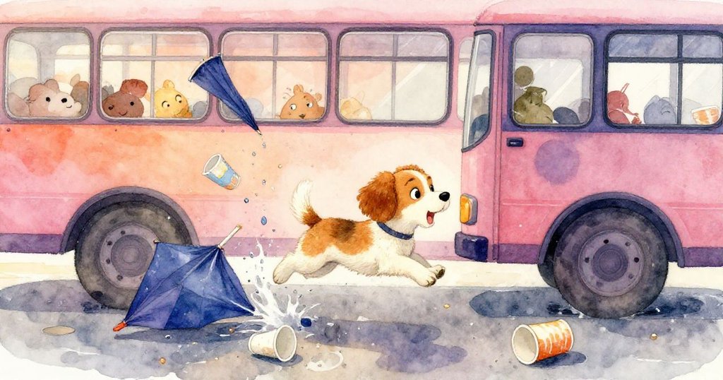 小獵犬在濕滑巴士地板上奮力跳躍，水滴奔流、雨傘與紙杯紛亂翻倒，緊湊動作展現克服挑戰。