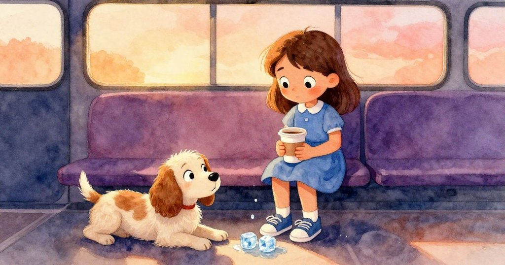 雅拉溫柔地用咖啡杯收集融化冰塊，穩定水面，小獵犬安心陪伴，巴士內景重現寧靜，故事完滿結束。